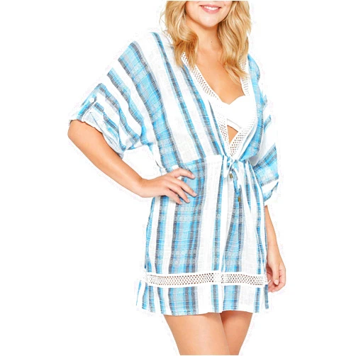 Dotti Wearabouts Womens Crochet Accent Striped Tunic Swim Cover-Up Small Blue Multi