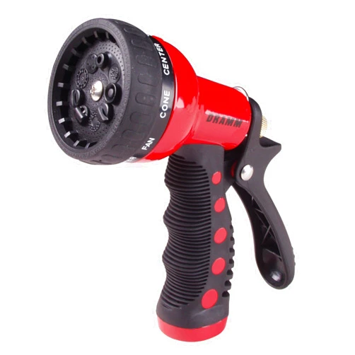 Dramm Revolver Heavy Duty 9 Pattern Quick Click Adjustable Garden Hose Spray Nozzle with Trigger Style Handle, for your Car, Boat, Deck, Sidewalk, Flowers and Young Trees, Red