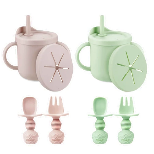 PandaEar 2 Pack Silicone Baby Straw Cups & Snack Cups with 2 Spoons 2 Forks, Dual-Purpose Toddler Training Cups, Pink&Green