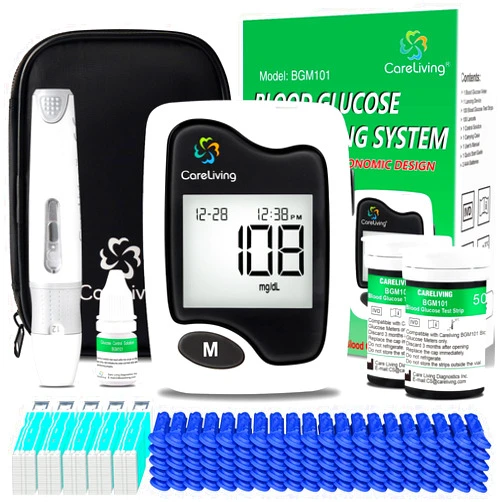 CARELIVING BGM101 Blood Glucose Monitor Kit, 100 Test Strips, 100 Lancets, 1 Blood Glucose Meter, 1 Lancing Device, Diabetes Testing Kit, Portable Blood Sugar Test Kit, Glucometer Kit for Home, black