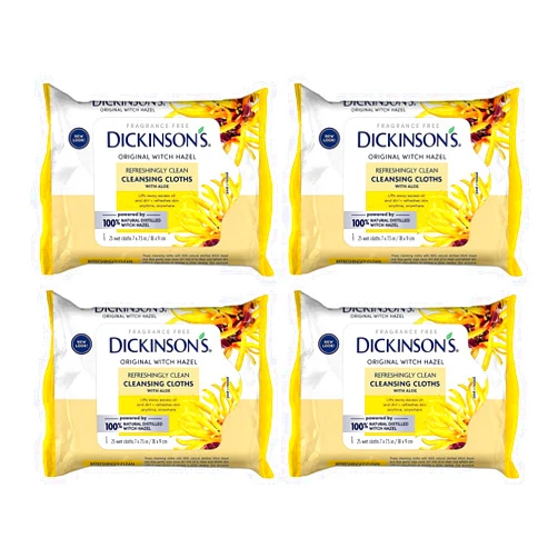 Dickinson's Original Witch Hazel Refreshingly Clean Cleansing Cloths with Aloe, 4 Pack, 25 Cloths per Pack