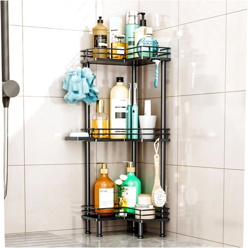 HapiRm Corner Shower Caddy Standing - 3 Tier Shower Organizer Corner with Soap Holder, Rustproof Shower Shelves with 4 Hooks for Bathroom, Black