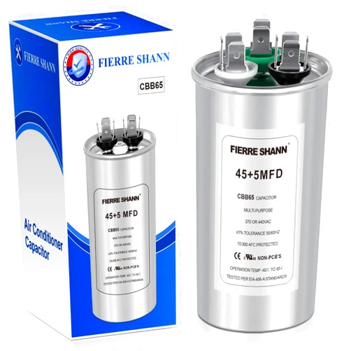 Fierre Shann 45+5 uF 45/5 MFD Dual Run Round Capacitor for AC, 370 or 440 Volt CBB65 Capacitor for AC Motor Run, Fan Start, Condenser Straight Cool, Heat Pump, Air Conditioner, and Pool Pump