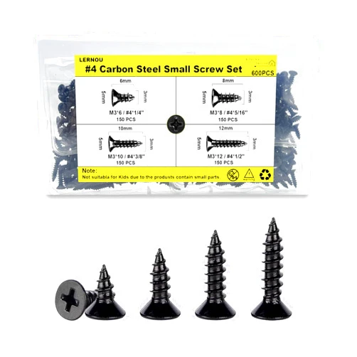 LERNOU #4 Wood Screws Assortment Kit, Self-Tapping Phillips Drive Small Screws, Black Screws, Flat Head Small Wood Screws Made of Carbon Steel, 4 Sizes(1/4'',5/16'',3/8'',1/2'') 600pcs