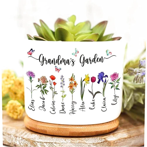 Pamaheart Personalized Grandma's Garden Plant Pot, Mom's Garden, Birth Month Flower Family Plant Pot, Gifts for Mom, Grandma on Mother's Day, Custom Moms Garden Succulent Planter, Gift for Nana Mimi Gigi