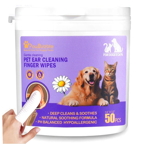 PawBubble Ear Wipes for Dogs and Cats, Dog Ear Finger Wipes, Gentle Ear Cleaner for Wax, Dirt & Odor, Relieves Discomfort & Soothes Ears, Non-Irritating, 50 Count