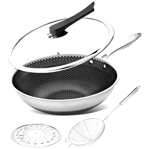 MICHELANGELO Wok Pan with Lid, 12 Inch Stainless Steel Wok with Spider Strainer and Steaming Rack, Honeycomb & Stir-fry Pans Flat Bottom Wok Induction Compatible, Dishwasher and Oven Safe
