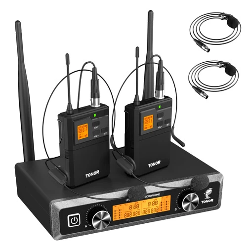 TONOR UHF Wireless Microphones System with Headset/Lavalier Lapel Mics, Bodypack Transmitter, Receiver, 2*15 Channels, 200ft Range for Live Singing Karaoke Church Party DJ PA Speaker Mixer Recording