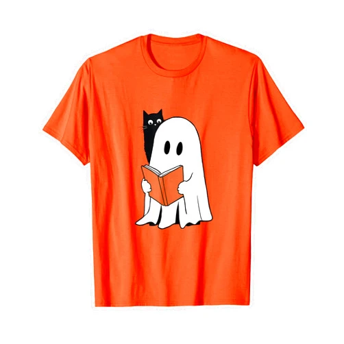 Funny Book Enthusiast Bookworm Story Lovers Funny Black Cat Ghost Spooky Book Lover Halloween Costume T-Shirt