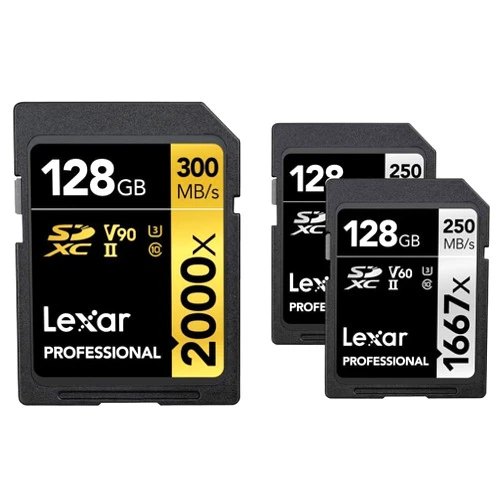 Lexar Professional 2000x 128GB SDXC UHS-II Card, Up to 300MB/s Read, for DSLR, Cinema-Quality Video Cameras & Professional 1667x 128GB (2-Pack) SDXC UHS-II Cards, Up to 250MB/s Read
