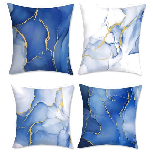 Bonhause Blue Marble Throw Pillow Covers 18 x 18 Inch Abstract Marble Blue and Gold Modern Decorative Pillows Soft Velvet Cushion Cases for Couch Sofa Bed Home Decor Set of 4