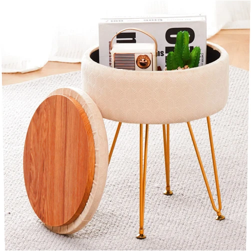 Cpintltr Modern Velvet Foot Rest Stool Upholstered Round Storage Ottomans Multipurpose Dressing Stools Luxury Home Decor Ottoman Coffee Table Top Cover Footstool with Metal Legs for Couch Beige