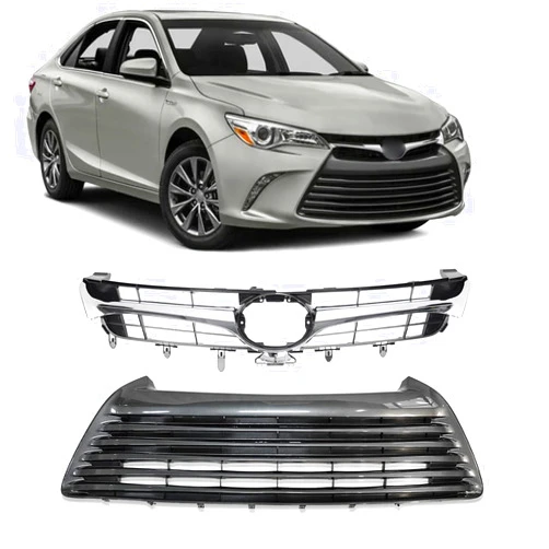 Bewild Front Upper & Lower Bumper Grille Assembly Fit For 2015 2016 2017 Toyota Camry LE/XLE/Hybrid LE/Hybrid XLE | Black & Chrome Honeycomb Mesh Grill Assembly | TO1036158, TO1200377