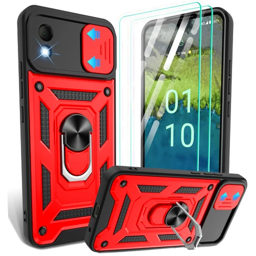 Gritup Compatible with Nokia C110 Phone Case,Nokia C110 Case with Screen Protector[2 Pcs] with Slide Camera Cover, 360°Rotation Ring Kickstand [Military Grade] Case for Nokia C110 Case,Red