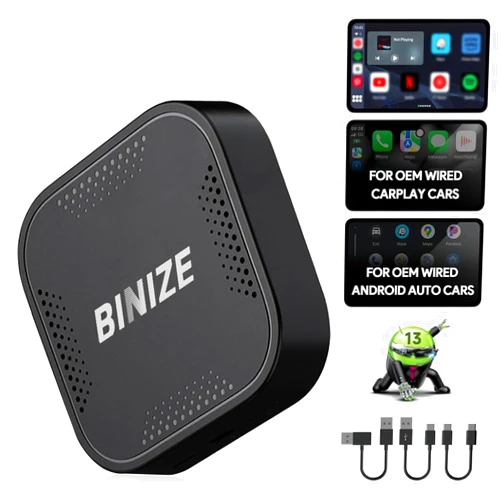 Binize Carplay Ai Box Android 13 Carplay AI Box Wireless Carplay Wireless Android Auto Built-in Navigation, Support Streaming Video Apps Only Support Cars with OEM Wired CarPlay/Android Auto