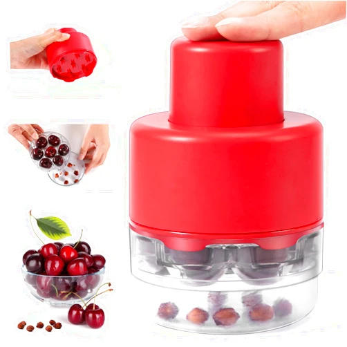 SCHVUBENR 7-IN-1 Large Cherry Pitter Tool - Portable Cherry Corer Pitter with Ergonomic Push Design - Easy to Use for Making Cherry Jam - Pit 7 Cherries at Once, Saving Time & Effort - Red
