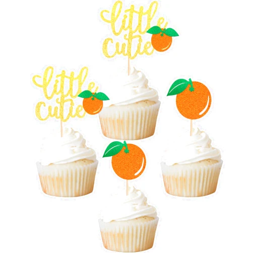 Rsstarxi 24 Pack Little Cutie Cupcake Toppers Glitter Tangerine Cupcake Picks Citrus Cake Decorations for Orange Theme Baby Shower Kids Birthday Wedding Party Supplies Gold
