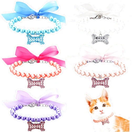 Frienda 5 Pieces Pet Pearl Necklace Diamond Crystal Dog Pearl Necklace Collars with Bling Rhinestones Bone Dog Pearl Jewelry Set Wedding Collar for Puppy Pets Dogs