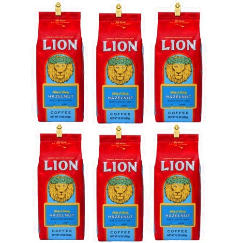 Lion Coffee 6-Pack Hazelnut Flavored Ground Coffee, Light Roast, A Taste of Aloha - 10 Ounce Bags (Pack of Six)