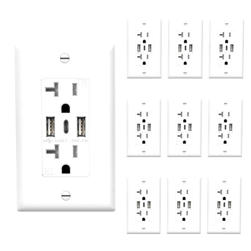 TOPGREENER USB Outlet, 3-Port Type C USB Wall Outlet, 20 Amp Tamper-Resistant Receptacle Plug, 20A Charging Power Outlet with USB Ports, UL Listed, TU22036AC3-W-10PCS, White, 10 Pack