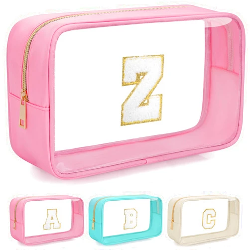 WELIDAY Personalized Initial Clear Makeup Bag, Travel Chenille Patch Cosmetic Bag, Preppy Toiletry Bag Monogram Cosmetic Pouch with Zipper, Ideal Gift for Teen Girls Women (Pink, Z)