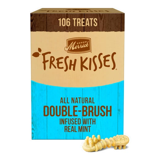 Merrick Fresh Kisses Natural Dental Chews Toothbrush Treat Shape Infused with Real Mint for Tiny Dogs 5-15 Lbs - 106 ct. Box