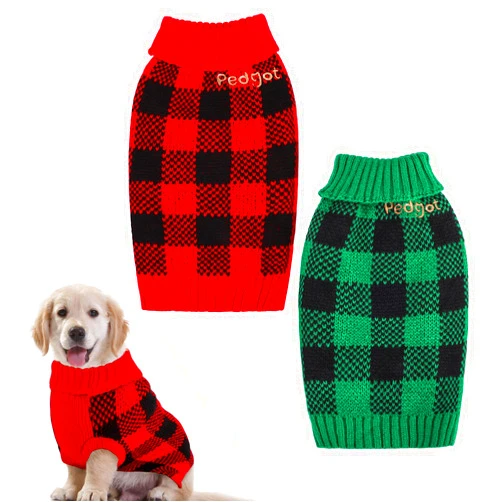 Pedgot 2 Pieces Pet Christmas Sweater Dog Xmas Clothes Vests for Winter Classic Plaid Knitwear for Christmas Winter Holiday Events (Red and Black, Black and Green, Medium)