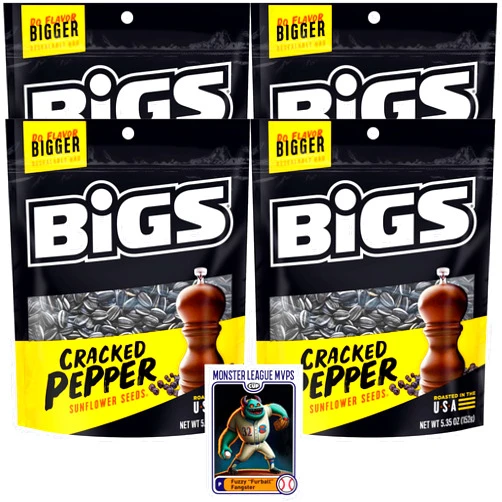By The Cup Bigs Cracked Pepper Sunflower Seeds, 5.35 oz (Pack of 4) with By The Cup Baseball Card