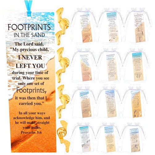 Trnayi 24 Sets Footprints in The Sand Gifts Bulk Include 24 Pcs Prayer Bookmark and 24 Pcs Footprints Pin Religious Bible Verse Poem Bookmark with Organza Bags for Church Prayer Christian Party Favors