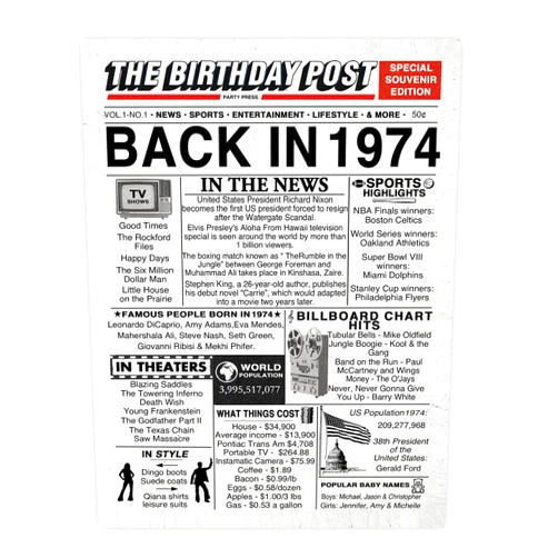 Stuff4 50th Birthday Poster Unframed - Back In 1974 Newspaper - Happy 50th Birthday Gifts for Men Women Vintage Retro Born In 1974, 8x10 Inch Fifty Fiftieth Bday Party Decor Decoration
