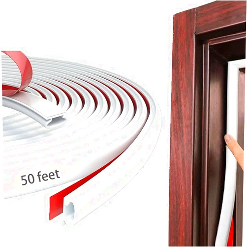 Pundin White Rubber Weather Stripping Door Seal Strip, D Shape Door Rubber Weather Seal Strip, Self-Adhesive Door Weatherstripping Soundproofing Door Seal Strip for Windows (50 feet, White)