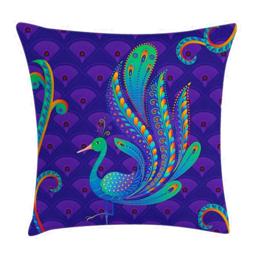 Ambesonne Ethnic Throw Pillow Cushion Cover, Peacock Bird with Oriental Feather Before Image, Decorative Square Accent Pillow Case, 20