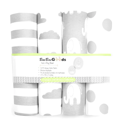 BaeBae Goods Pack n Play Sheets – Premium Pack and Play Sheets 4 Pack – 100% Super Soft Jersey Knit Cotton Playard Mattress Sheets – Portable Playpen Fitted Play Yard Mini Crib Sheet For Boy & Girl (24 x 38 x 5)