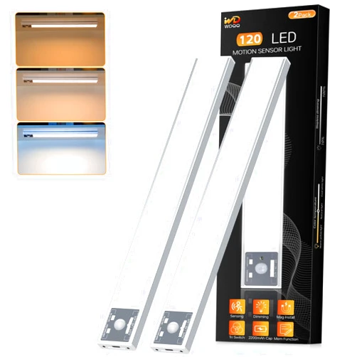 WDQQ Under Cabinet Lights, 120 LED Motion Sensor Lights Indoor, 2200mAh Rechargeable Battery Closet Lights, 3 Color Temperature Under Counter Lighting for Kitchen, Stair and Hallway (2Pack,12inch)