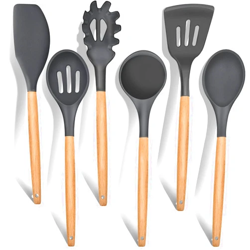 E-far Cooking Utensils Set of 6, Silicone Kitchen Utensils with Wooden Handle, Non-stick Cookware Friendly & Heat Resistant, Includes Spatula/Ladle/Slotted Turner/Serving Spoon/Spaghetti Server(Gray)