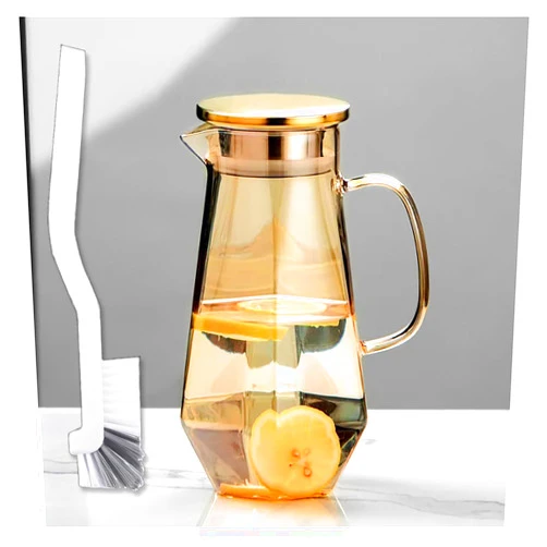 Ecentaur 1.7 Liter/58oz Glass Pitcher with Lid Water Carafe Jug with Spout Handle for Hot/Cold Water Tea Beverage (Gold 1-Glass Pitcher)