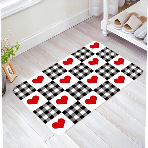 DraQueen Red Heart Black Checkered Filling Indoor Doormat Low Pile Welcome Mat - 18 X 30 Inches Simple White - Sponge Rounded Corners Shoes Scraper Rugs for Entrance Bathroom