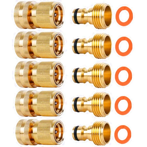 SHOWNEW Garden Hose Quick Connectors, Solid Brass 3/4 inch GHT Thread Easy Connect Fittings No-Leak Water Hose Male Female Value Pack (5)