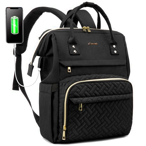 LOVEVOOK Laptop Backpack for Women, Quilted Fashion Business Computer Backpacks Travel Bags Purse Doctor Nurse Work Backpack with USB Port Fits 15.6-Inch Laptop, Black