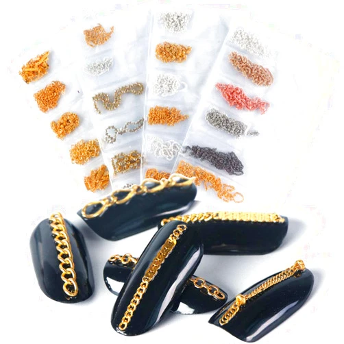 Pvoiue Nail Art Nail Chains Nail Supplies for Women 4 Packs of 24 Pieces Gold & Silver Metal Punk Pendant Nail Ornaments 3D Nails Supply Nail Art Chains DIY Design Decorations for Manicure Tips