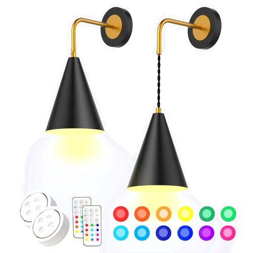 LUMIMAN Black Battery Operated Wall Sconce, Wireless Wall Lights Set of 2, Memory Function, Timer, 13 RGB Dimmable Battery Powered Wall Lamp for Bedroom, Living Room, Hallway