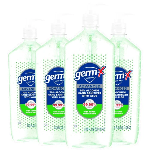 Germ-X Advanced Hand Sanitizer with Aloe and Vitamin E, 1 Liter (Pack of 4), Less Drying Moisturizing Gel, No Rinse Formula, Pump Bottle