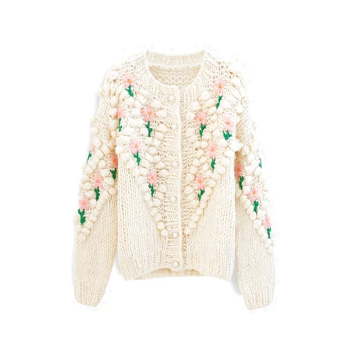 CHICWISH Women's Purple/Cream Stitch Floral Diamond Pom-Pom Hand Knit Cardigan