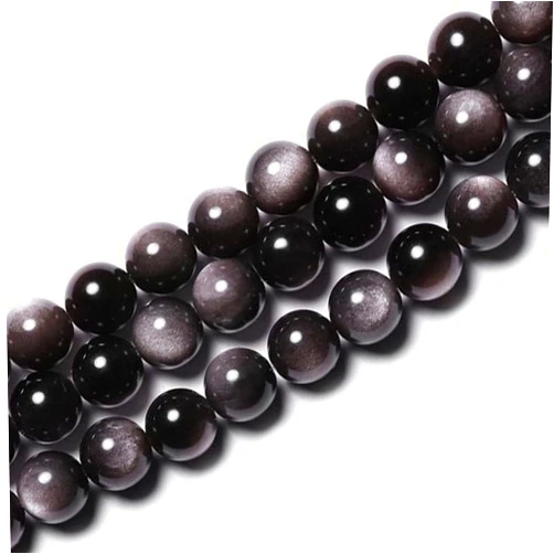 ILVBD Natural Round Black Gold Silver Obsidian Gemstone Smooth Loose Beads Bulk for Jewelry Making 15” (Silver Obsidian, 10MM)