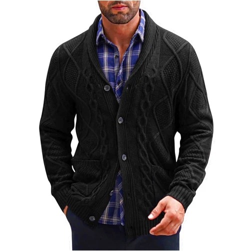 COOFANDY Mens Shawl Collar Cardigan Sweater Slim Fit Button Down Cable Knitted Sweater with Pockets