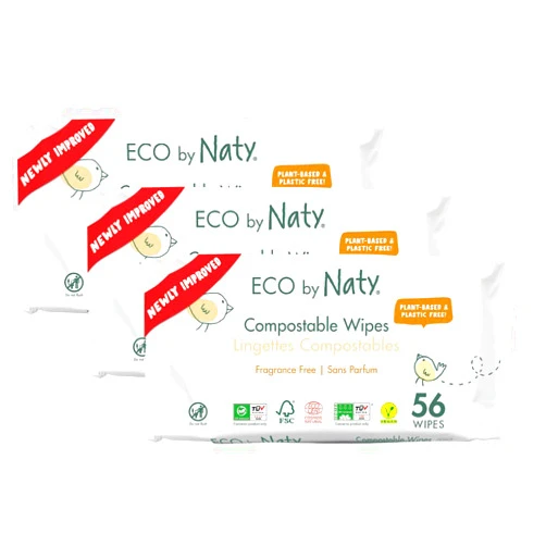 Eco by Naty Baby Wipes Unscented - 100% Compostable and Plant-Based Wipes, Good for Babies and Newborn Sensitive Skin (168 Count - 3 packs of 56)