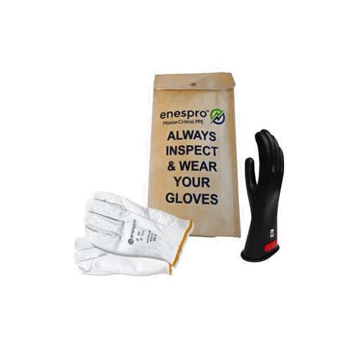 Enespro Class 0 Black Rubber Voltage Insulating Glove Kit with Leather Protectors, Max. Use Voltage 1,000V AC/ 1,500V DC, KITGC0B11