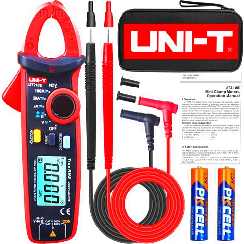 UNI-T UT210E Mini Digital Clamp Meter T-RMS 2000 Counts Voltage multimeter Tester Auto-ranging (AC/DC Current) Measures Temperature Capacitance Resistance Diodes Continuity Duty-Cycle/NCV/HVAC Tool