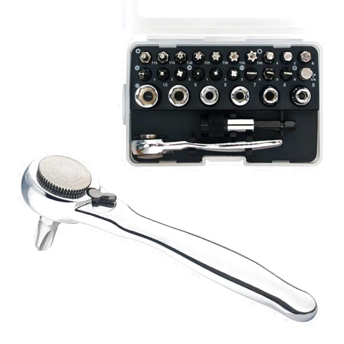 SHARDEN 1/4 Mini Ratchet Set 28pcs Right Angle Screwdriver and Bit with Metric Socket Set, 72 Tooth Small Ratcheting Wrench Offset Screwdriver Low Profile Stubby Ratchet for Tight Spaces