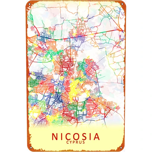 KIVYYB Nicosia Cyprus City Map Poster 8 x 12 Inches - Vintage Metal Tin Sign for Home Bar Pub Garage Decor Gifts
